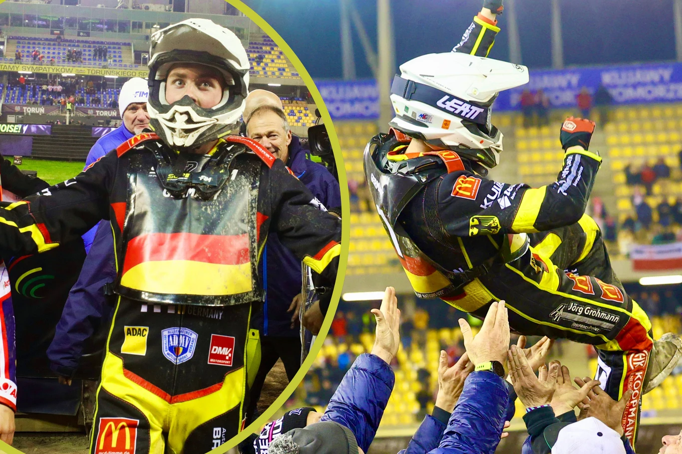 Zawodnik w kombinezonie motocyklowym w żółto-czarnych barwach cieszy się z wygranej, wokół niego tłum kibiców i członków zespołu unoszących go w geście triumfu, stadion w tle oświetlony wieczorem.