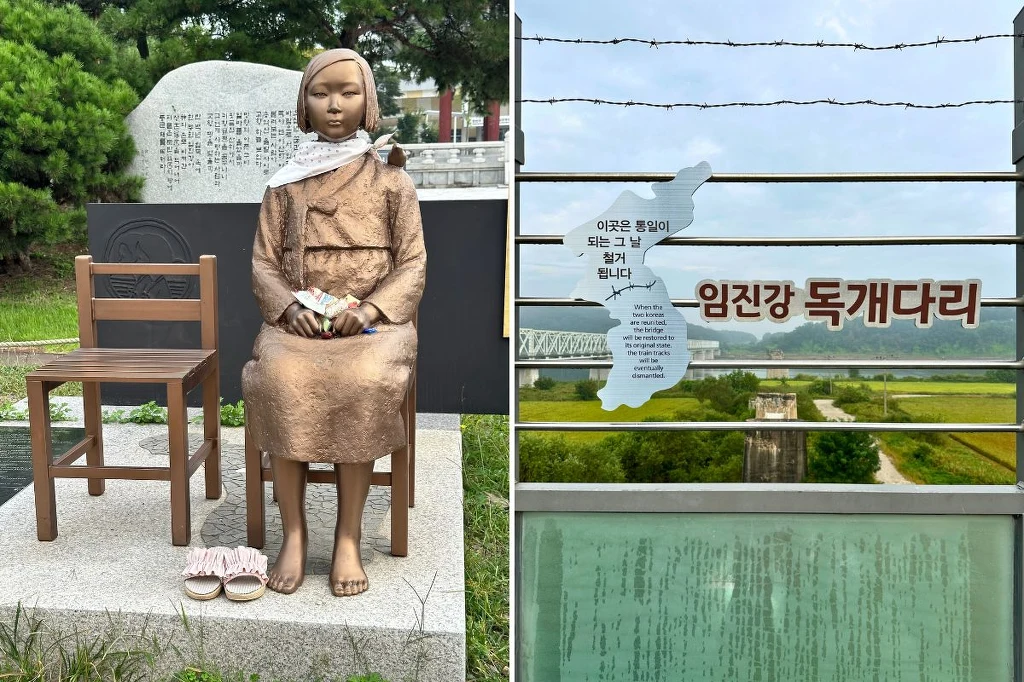 Wizyta w Parku Pokoju to żywa i poruszająca lekcja historii Pomnik przedstawiający siedzącą dziewczynkę z szalikiem na szyi i dłońmi na kolanach, obok pusta drewniana ławka i para butów na ziemi, w tle tablica z napisem oraz drzewa. Po prawej stronie ogrodzenie z drutu kolczastego, napis w języku koreańskim, fr...