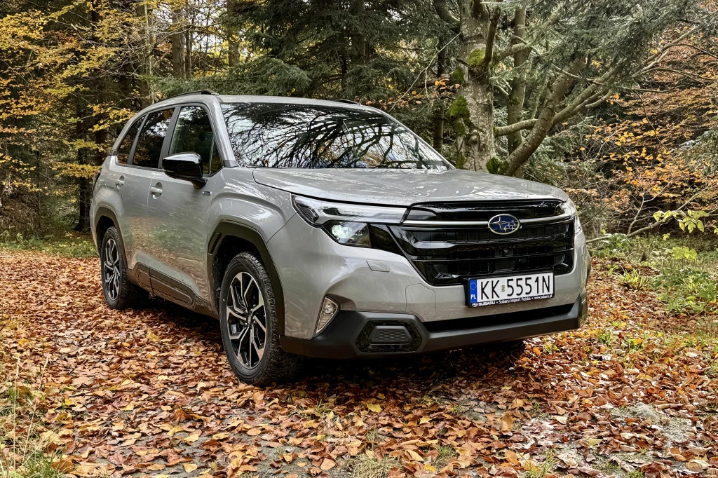 Srebrny samochód Subaru Forester stoi na leśnej drodze pokrytej opadłymi liśćmi, w otoczeniu drzew z jesiennymi barwami.