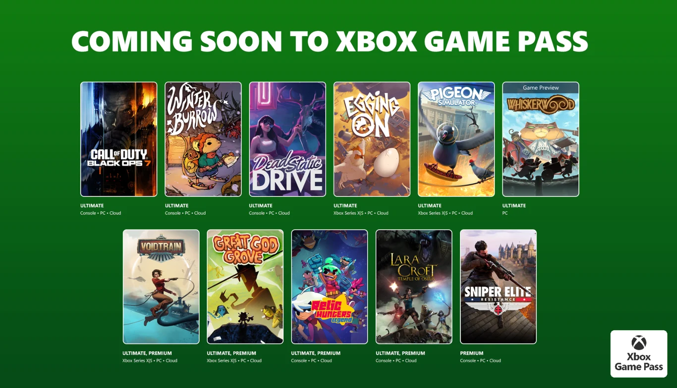 Gry w Game Pass - listopad 2025 r. Grafika prezentuje zapowiedzi nowych gier, które pojawią się w usłudze Xbox Game Pass. U góry znajduje się biały napis na zielonym tle, poniżej widoczne są okładki dziesięciu różnych gier wraz z ich tytułami i oznaczeniami dotyczącymi dostępności w usł...