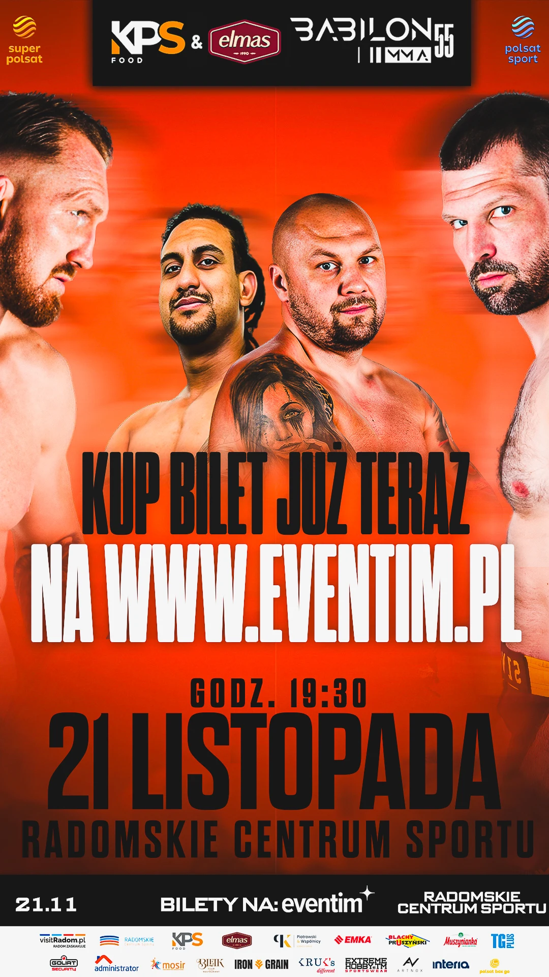 Pięciu sportowców mieszanych sztuk walki w dynamicznych pozach na pomarańczowym tle, w centrum duży napis informujący o zakupie biletów na galę 21 listopada w Radomskim Centrum Sportu.