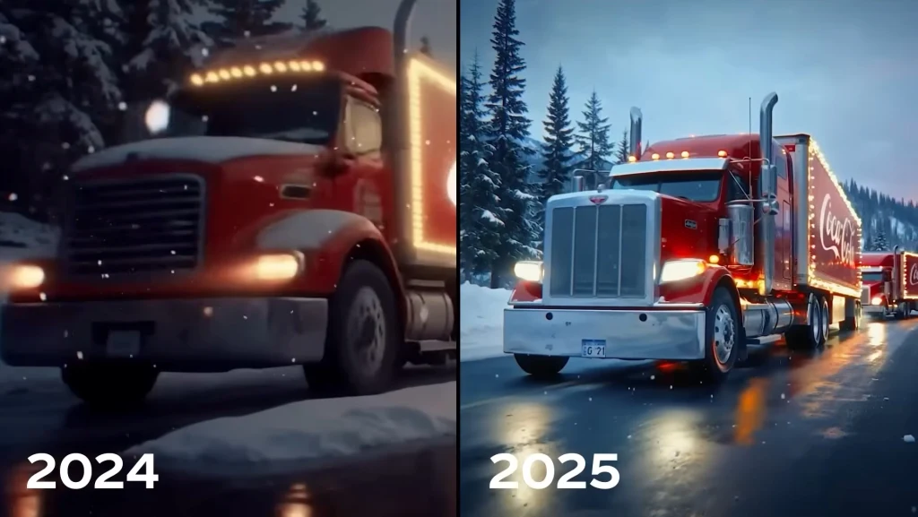 Porównanie dwóch czerwonych ciężarówek Coca-Cola jadących zimową drogą na tle zaśnieżonych drzew, z lewej strony wersja z 2024 roku, z prawej ulepszona wersja z 2025, lepiej oświetlona i bardziej szczegółowa.