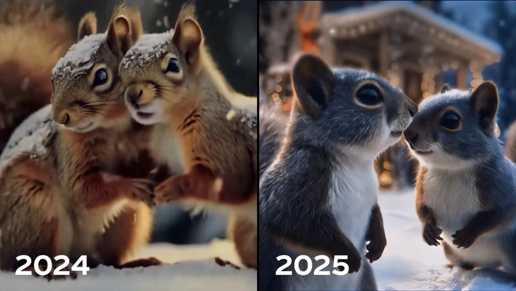 Dwie wiewiórki stojące blisko siebie w śniegu, po lewej stronie obrazka podpis 2024, po prawej stronie dwie inne wiewiórki w podobnym zimowym otoczeniu z podpisem 2025, w tle widoczne zarysy budynków lub domków.