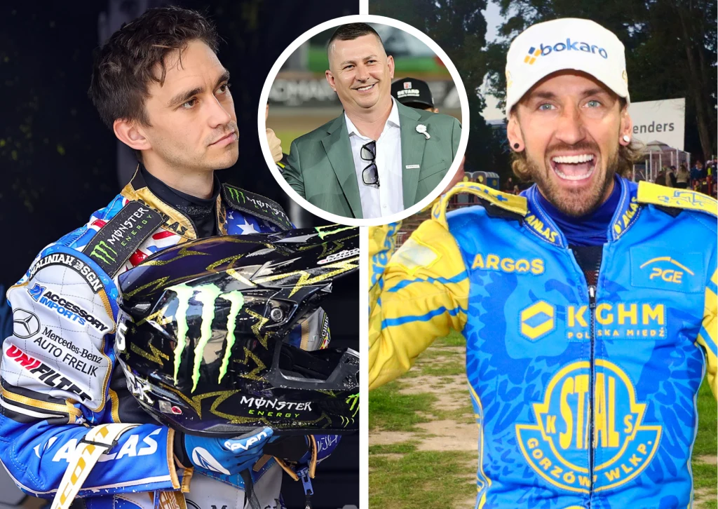 Dwóch żużlowców w kolorowych kombinezonach i kaskach z widocznymi sponsorami, między nimi okrągłe zdjęcie mężczyzny w garniturze z uśmiechem.