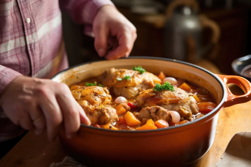 Soczyste udka kurczaka pieczone z warzywami w pomarańczowym naczyniu żeliwnym, udekorowane zieloną natką, w tle widoczne ręce kucharza przygotowującego posiłek.