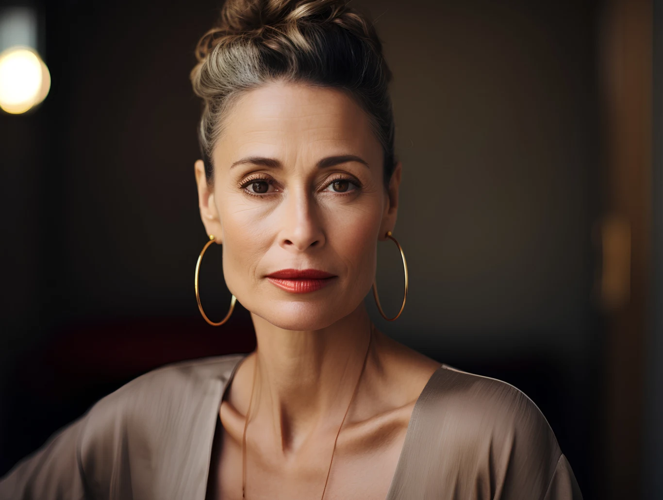 Kobieta o jasnej cerze i ciemnych włosach upiętych w kok patrzy bezpośrednio w obiektyw, nosi duże złote kolczyki koła oraz jasną, elegancką bluzkę, za nią rozmyte tło z niewielkim punktem światła.