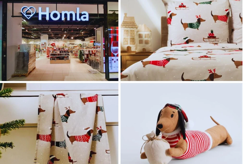 Na kolażu widoczny jest sklep Homla z akcesoriami do domu oraz kilka produktów w motywie świątecznym: pościel, zasłony i maskotka w kształcie psa jamnika ubrana w świąteczne ubranko.
