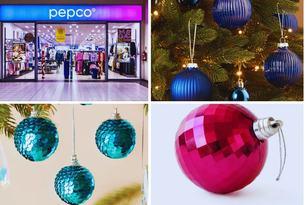 Wnętrze sklepu Pepco z szerokim asortymentem widocznym przy wejściu, a także kilka rodzajów kolorowych bombek choinkowych – niebieskich, turkusowych i różowej, które mogą być używane jako dekoracje świąteczne.
