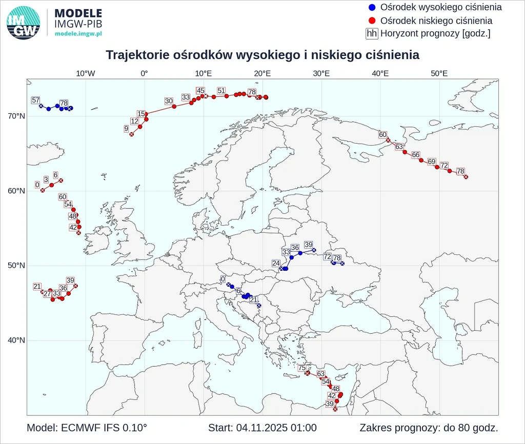 Pogoda w Polsce. Kraj stanie się białą plamą na tle Europy Mapa Europy z trajektoriami ośrodków wysokiego i niskiego ciśnienia zaznaczonymi odpowiednio na czerwono i niebiesko oraz oznaczeniami godzin prognozy. Na mapie widoczne są główne linie przesuwania się tych ośrodków oraz opis modelu użytego do prognozy.
