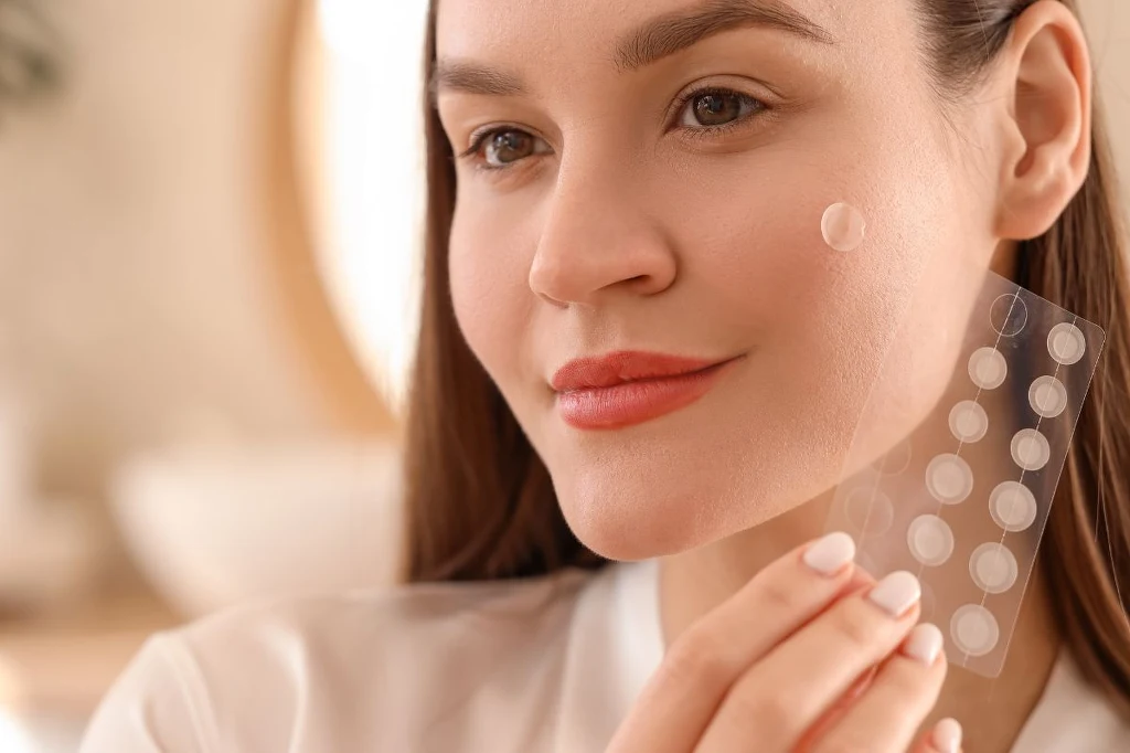 Młoda kobieta z delikatnym makijażem nakleja plasterek punktowy na policzku, trzymając arkusz z przezroczystymi plasterkami w dłoni. Skóra twarzy wygląda na zadbaną i zdrową.