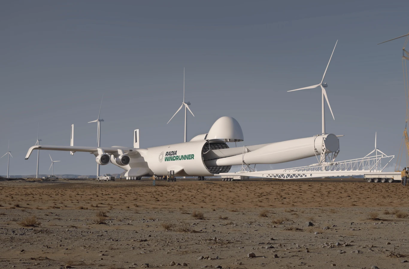 Ogromny futurystyczny samolot transportowy z napisem Global Windrunner na kadłubie stoi na pustynnym podłożu w pobliżu dużych turbin wiatrowych, niebo jest czyste, a w tle widoczne są inne elementy infrastruktury energetycznej.