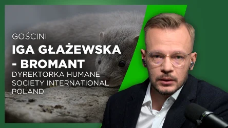 Mężczyzna w okularach prowadzi rozmowę w studiu z mikrofonem. Po lewej stronie widoczny napis z imieniem i nazwiskiem gościni oraz stanowiskiem dyrektorki organizacji prozwierzęcej, w tle zdjęcie zwierzęcia futerkowego.