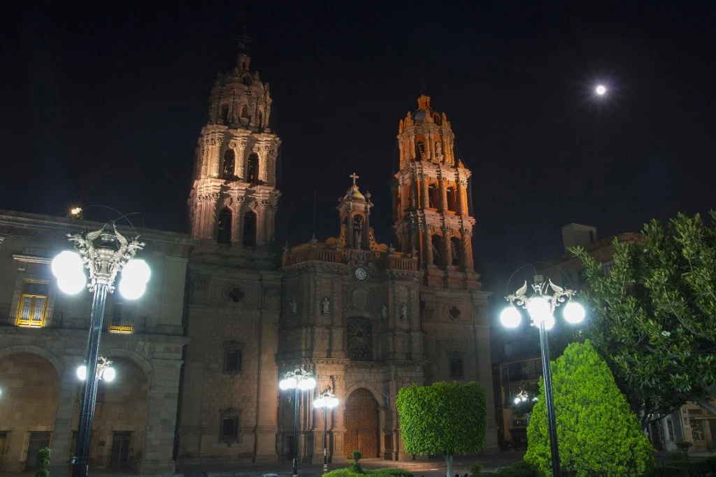 Oświetlona fasada zabytkowej katedry nocą z widocznymi dwoma podświetlonymi wieżami po bokach, latarniami miejskimi na pierwszym planie oraz jasnozielonymi krzewami i drzewami, po prawej stronie wysoko świeci księżyc.