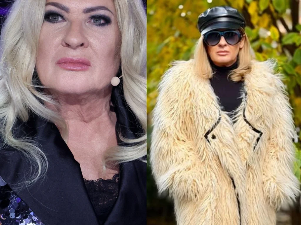 Po lewej stronie kobieta o blond włosach w wieczorowym makijażu i ciemnym stroju z mikrofonem przy twarzy. Po prawej stylizacja jesienna – kobieta w jasnym, długim futrze, czarnych okularach przeciwsłonecznych i czapce skórzanej, tło stanowią zielone l...