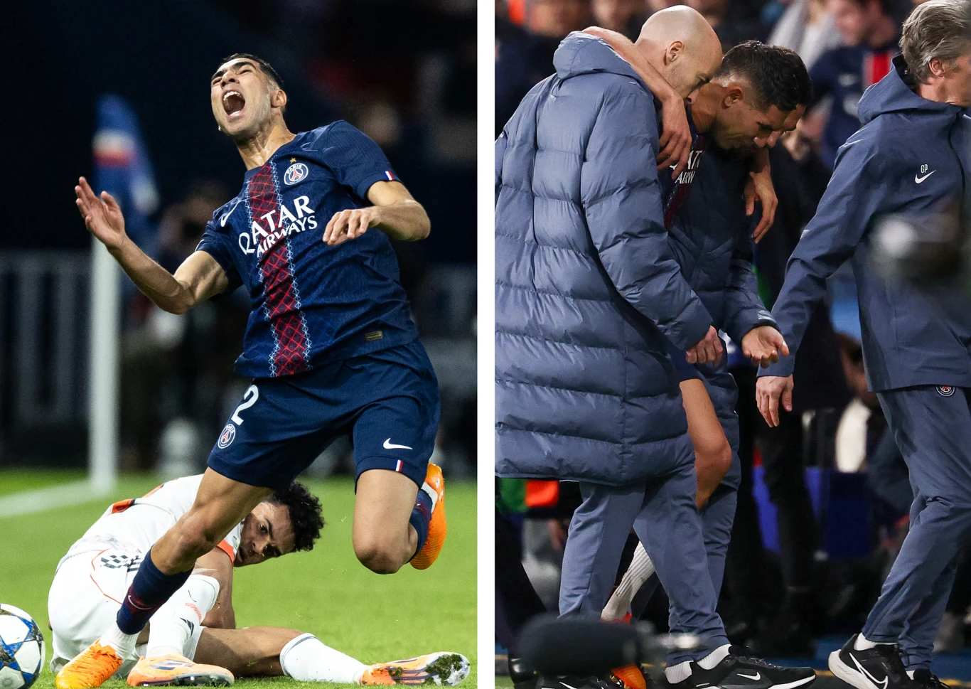 Achraf Hakimi padł ofiarą brutalnego faulu Zawodnik drużyny Paris Saint-Germain upada na murawę z wyraźnym grymasem bólu na twarzy po zderzeniu z przeciwnikiem, po prawej stronie widoczny moment zejścia kontuzjowanego piłkarza z boiska przy pomocy członka sztabu medycznego.