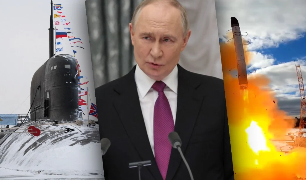 Centralna postać to Władimir Putin przemawiający przy mikrofonach, po lewej stronie rosyjski okręt podwodny na tle zimowego krajobrazu z flagami, po prawej scena startu rakiety Sarmat.
