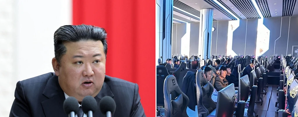 Kim Dzong Un w garniturze przy mównicy na tle czerwonych zasłon oraz widok sali z wieloma osobami siedzącymi przy komputerach w nowoczesnym wnętrzu.