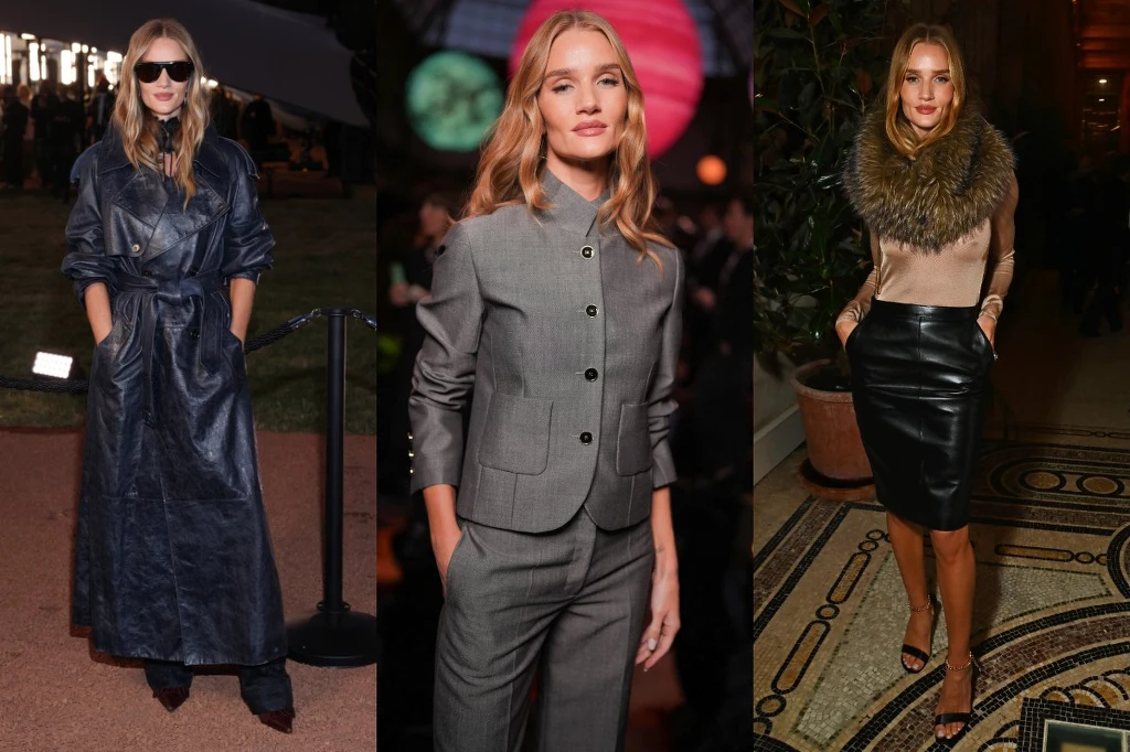 Stylizacje Rosie Huntington-Whiteley. Fot. Neil Mockford, Stephane Cardinale - Corbis, Swan Gallet/WWD Trzy różne stylizacje kobiety w eleganckich kreacjach: długa czarna płaszczowa sukienka i okulary przeciwsłoneczne na dworze, szary garnitur przy kolorowych światłach oraz beżowy sweter z futrzanym kołnierzem i czarna skórzana spódnica w eleganckim pom...