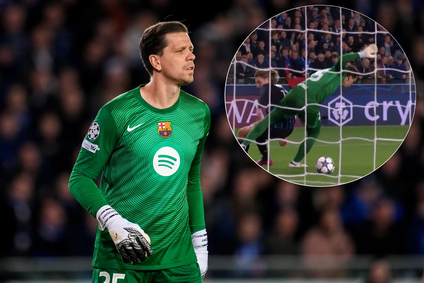 Liga Mistrzów. Wojciech Szczęsny napędził kibicom FC Barcelona sporo strachu w końcówce spotkania z Clube Brugge... Bramkarz w zielonym stroju z logo FC Barcelony oraz numerem 25 na piersi stoi na tle zamazanej publiczności, trzymając rękawice bramkarskie, a w okrągłym powiększeniu pokazano jego dynamiczną interwencję w bramce podczas meczu piłkarskiego.
