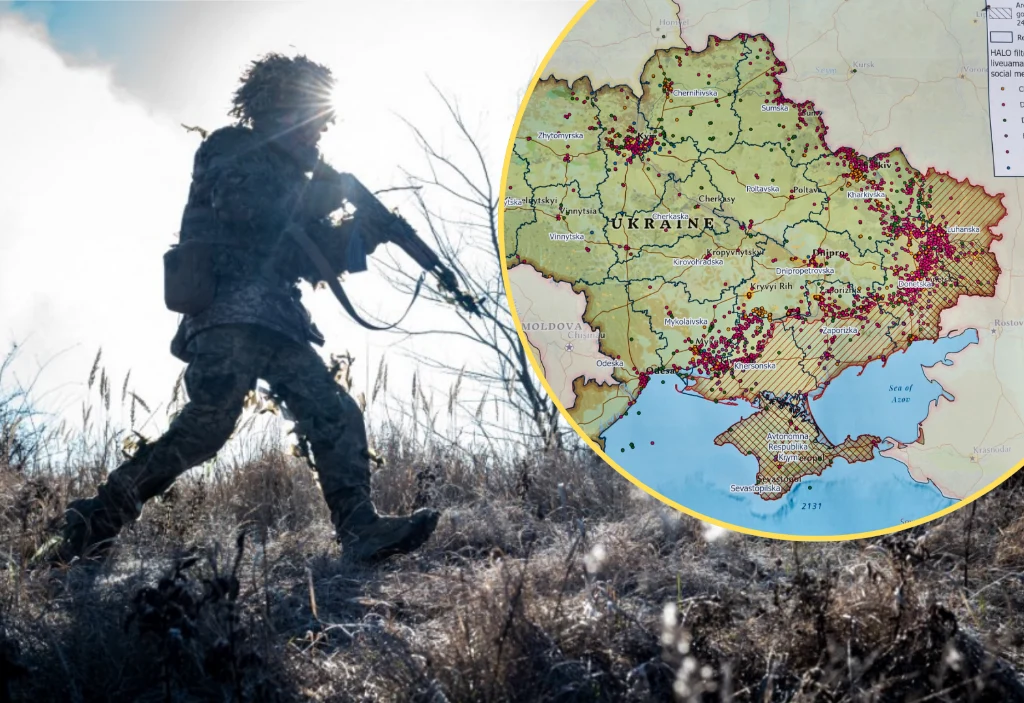 Ukraina broni się w Pokrowsku, ale Rosja coraz bardziej napiera. Nowe doniesienia mediów. Zdj. ilustracyjne Żołnierz w pełnym umundurowaniu i z bronią podczas patrolu na tle naturalnego krajobrazu, w prawym górnym rogu widoczna szczegółowa mapa Ukrainy z zaznaczonymi punktami strategii lub działań wojennych.