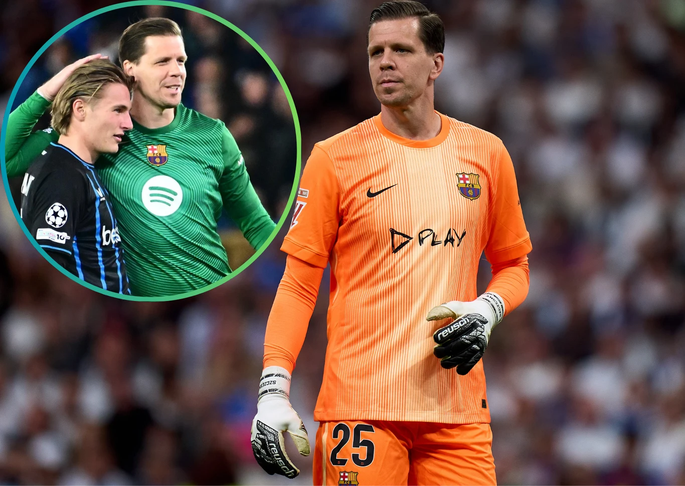 Wojciech Szczęsny w meczu z Club Brugge zaliczył solidną wpadkę Bramkarz ubrany w pomarańczowy strój z herbem FC Barcelony na piersi i numerem 25 trzyma piłkę na boisku, w tle rozmyte trybuny; w okrągłej wstawce widoczna scena z dwóch piłkarzy podczas wymiany gestów na meczu.