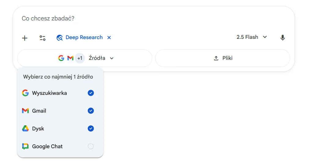 Deep Research w Google Gemini może teraz wyszukiwać w twoim Gmailu, na Dysku Google i w Google Chat Menu wyszukiwania z możliwością wyboru źródeł takich jak Wyszukiwarka, Gmail, Dysk oraz Google Chat wraz z rozwiniętą listą wyboru i aktywnymi opcjami filtrów.