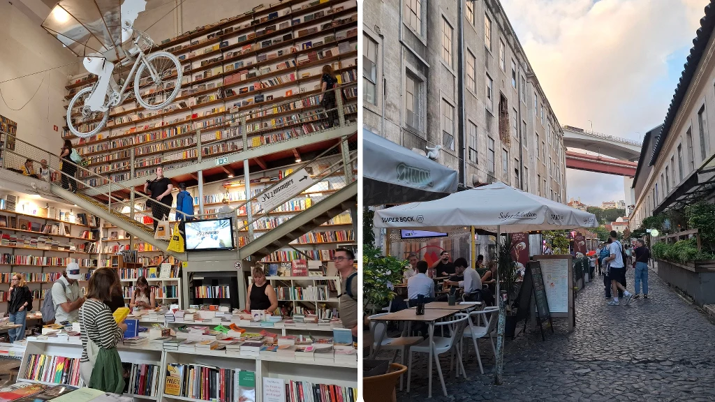 Księgarnia z wysokimi regałami pełnymi książek, a nad wnętrzem zawieszony rower, liczne osoby przeglądające publikacje i czytające przy stołach. Po prawej wąska ulica z brukiem, ogródki restauracyjne z białymi parasolami oraz spacerujący i siedzący lud...