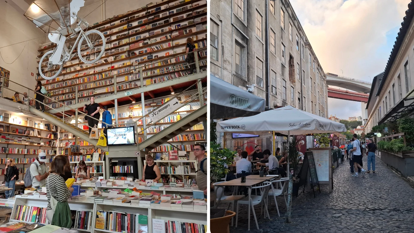 Księgarnia z wysokimi regałami pełnymi książek, a nad wnętrzem zawieszony rower, liczne osoby przeglądające publikacje i czytające przy stołach. Po prawej wąska ulica z brukiem, ogródki restauracyjne z białymi parasolami oraz spacerujący i siedzący lud...