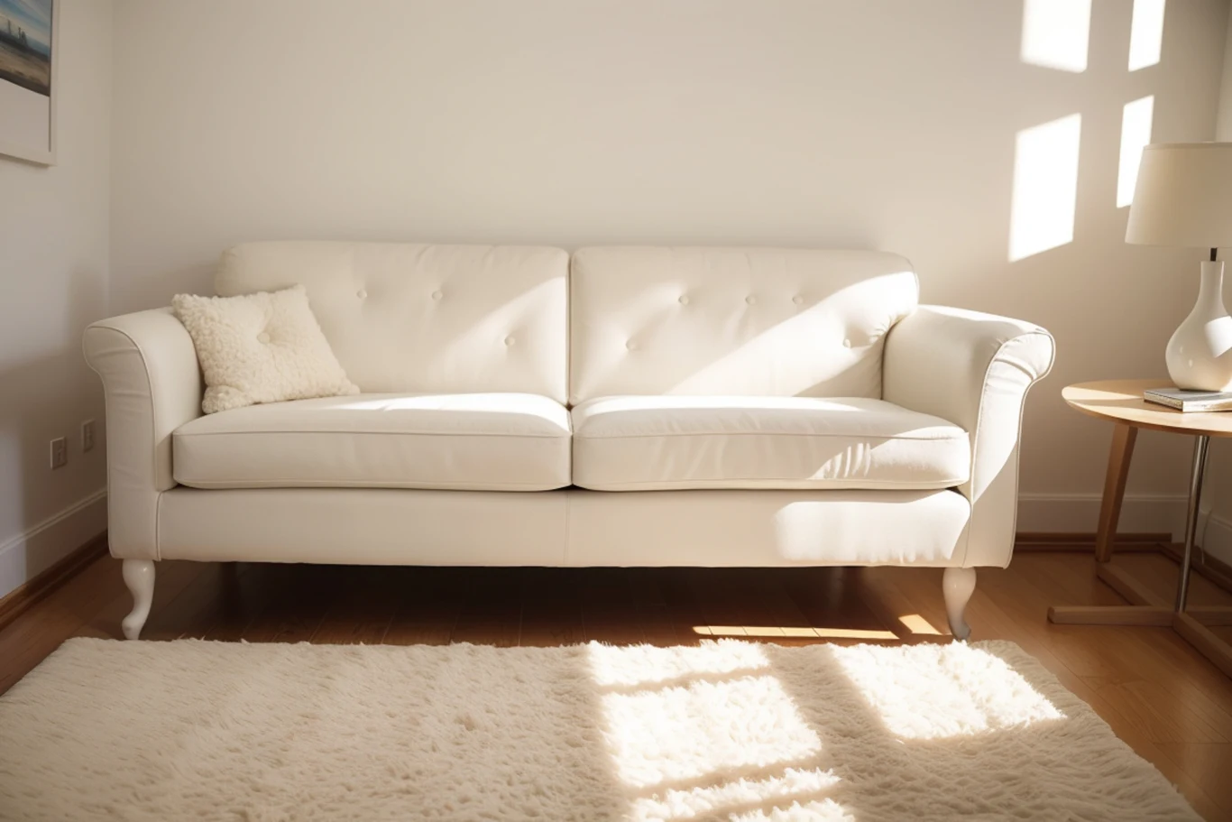 Biała sofa z miękką poduszką ustawiona na drewnianej podłodze, przed nią znajduje się jasny, puszysty dywan, a po prawej stronie stoi okrągły stolik z lampą. Jasne promienie słoneczne wpadają przez okno i oświetlają wnętrze.