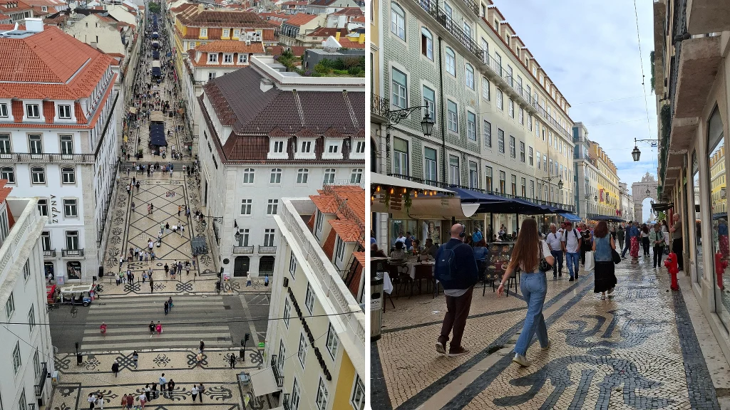 Widok na szeroką miejską ulicę z geometrycznym wzorem na deptaku, otoczoną budynkami z czerwonymi dachami oraz tłum przechodniów spacerujących wzdłuż restauracji i sklepów.