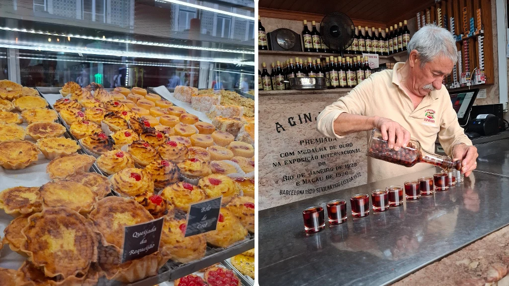 Po lewej stronie różnorodne ciasta i babeczki na wystawie cukierni, ułożone w dużych ilościach z widocznymi tabliczkami opisującymi wyroby. Po prawej starszy mężczyzna nalewa napój alkoholowy do szeregu szklanek stojących na metalowym blacie w otoczeni...