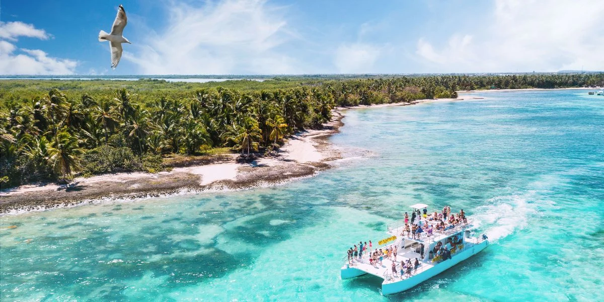 Katamaran z turystami płynący po lazurowej wodzie wzdłuż tropikalnego wybrzeża porośniętego gęstymi palmami, na niebie przelatuje mewa.