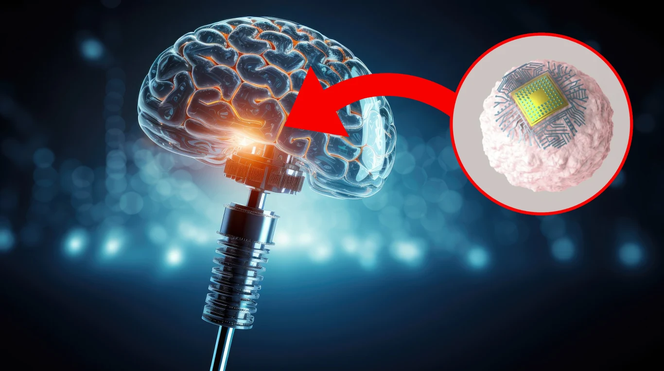 Nieinwazyjne mikroimplanty bioelektroniczne zastąpią operację mózgu. Naukowcy zaprezentowali metodę ich wszczepiania przez krwiobieg Obraz ludzkiego mózgu podłączonego do technologicznego urządzenia z metaliczną końcówką, z zaznaczeniem fragmentu pokazującego elektroniczny chip osadzony na strukturze przypominającej komórkę.