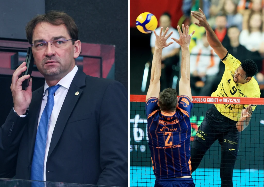 Sebastian Świderski (L) nie krył zadowolenia z poziomu organizacji Superpucharu Polski. W tym o trofeum zmierzyli się m.in. Wilfredo Leon i Łukasz Kaczmarek (P) Po lewej stronie mężczyzna w garniturze rozmawia przez telefon, po prawej dynamiczna akcja sportowa podczas meczu siatkówki, zawodnik żółtej drużyny atakuje piłkę nad siatką, a zawodnik drużyny przeciwnej próbuje blokować.