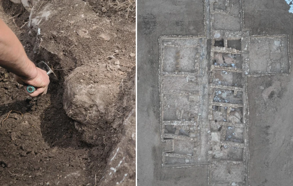 Zdjęcie lotnicze z wykopalisk na stanowisku Pyla-Vigla uwidacznia odsłonięte zabudowania.