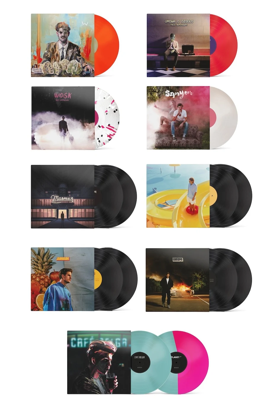 Kolorowe płyty winylowe zestawione pionowo w parach z okładkami albumów muzycznych, prezentujące różnorodne grafiki i motywy artystyczne.