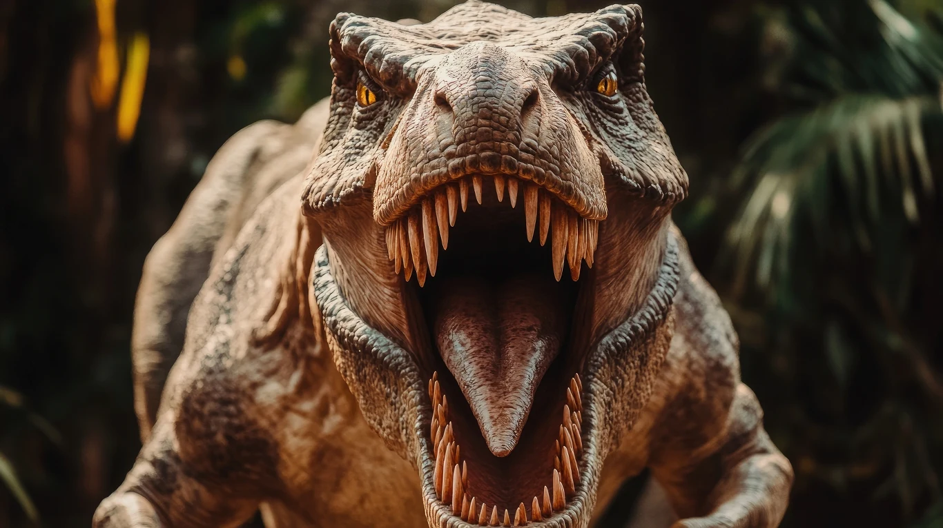 Tyranozaur miał potężny zgryz, jeden z najsilniejszych w dziejach Ogromny dinozaur z szeroko otwartą paszczą i ostrymi zębami w naturalistycznym otoczeniu tropikalnej roślinności.