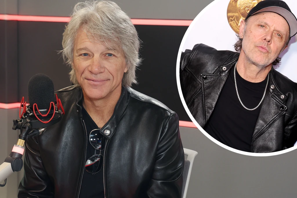 Jon Bon Jovi skonsultował się z Larsem Ulrichem zanim zainspirował się pomysłem Metalliki Mężczyzna o siwych włosach w czarnej skórzanej kurtce siedzi przy mikrofonie radiowym, obok wstawione okrągłe zdjęcie drugiego mężczyzny w czarnej kurtce, koszulce i czapce, na jasnym tle.