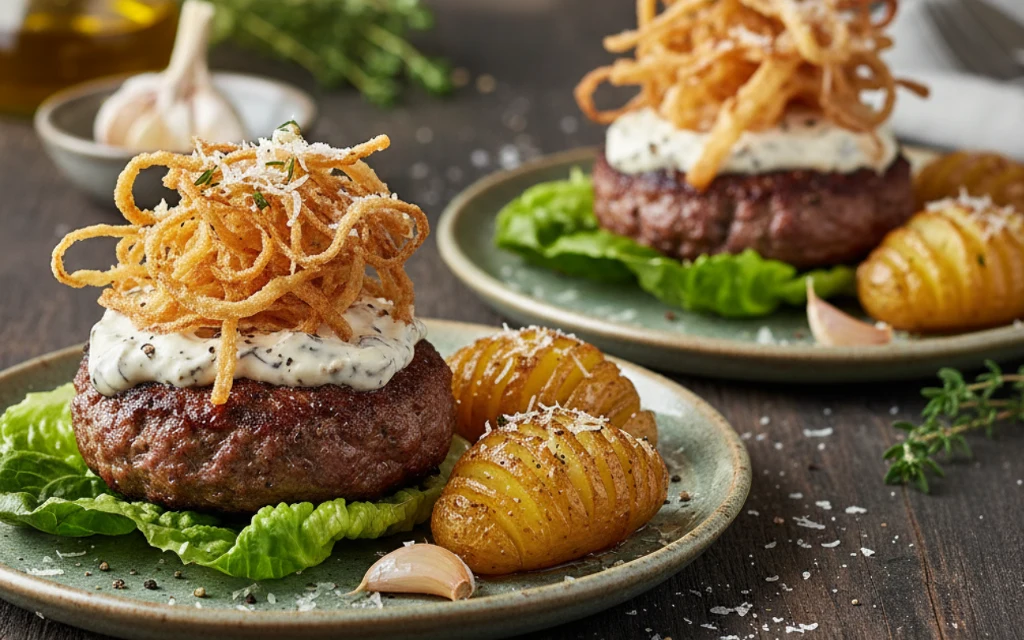 Burger - stek haché z chrustem cebulowym, majonezem truflowym i konfitowanymi ziemniaczkami Hasselback