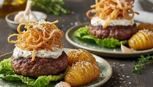 Soczysty burger z majonezem truflowym i chrustem cebulowym od Jurka Sobieniaka