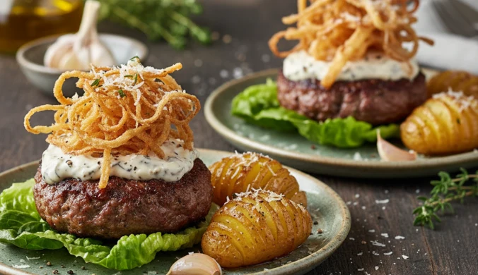 Soczysty burger z majonezem truflowym i chrustem cebulowym od Jurka Sobieniaka