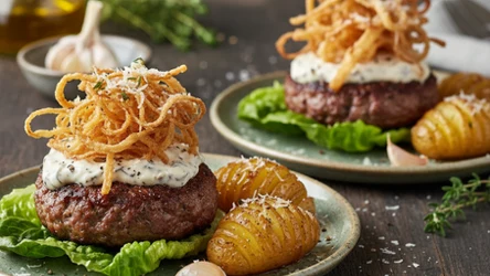 Soczysty burger z majonezem truflowym i chrustem cebulowym od Jurka Sobieniaka