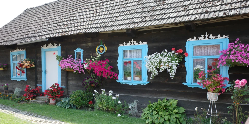 Soce i okoliczne wsie zachwycają dawną architekturą Drewniany dom z niebieskimi, ozdobnymi ramami okiennymi i drzwiami, bogato udekorowany kolorowymi kwiatami w donicach, stojących oraz wiszących pod oknami, na tle zielonego trawnika.