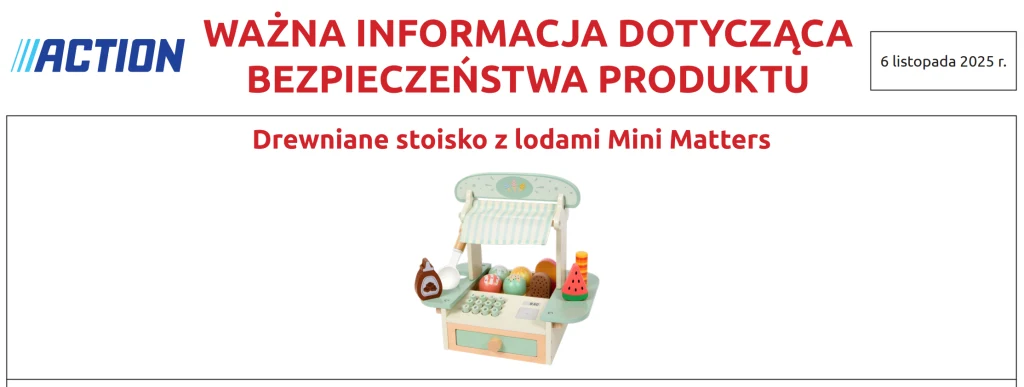 Drewniane stoisko do zabawy z lodami oraz akcesoriami, stojące na białym tle, na górze widnieje nagłówek ostrzegający o ważnej informacji dotyczącej bezpieczeństwa produktu.