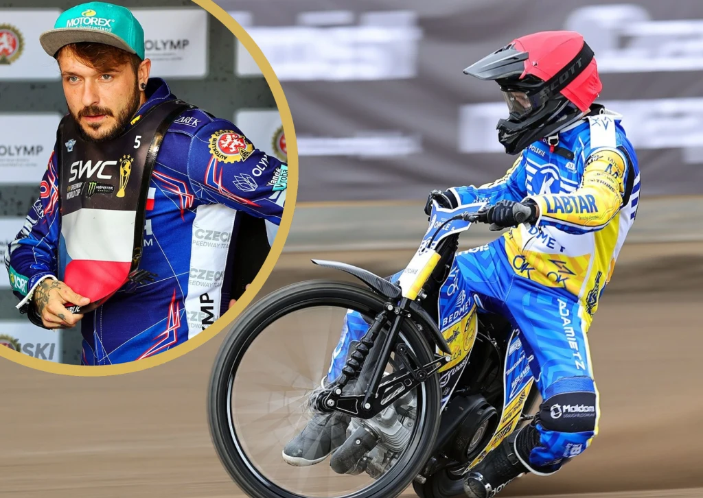 Vaclav Milik był łączony z Kolejarzem Opole Żużlowiec w niebiesko-żółtym kombinezonie na motocyklu podczas wyścigu na torze, wstawka z portretem tego samego sportowca w stroju żużlowym bez kasku w górnej części kadru.