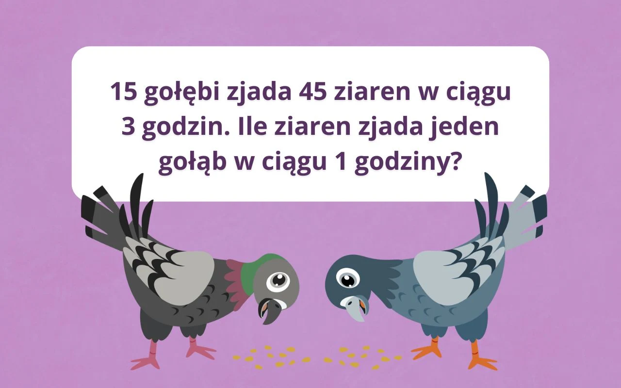 Grafika z ilustracją dwóch gołębi jedzących ziarna na fioletowym tle oraz tekstowym zadaniem matematycznym dotyczącym ilości ziaren zjadanych przez gołębie.