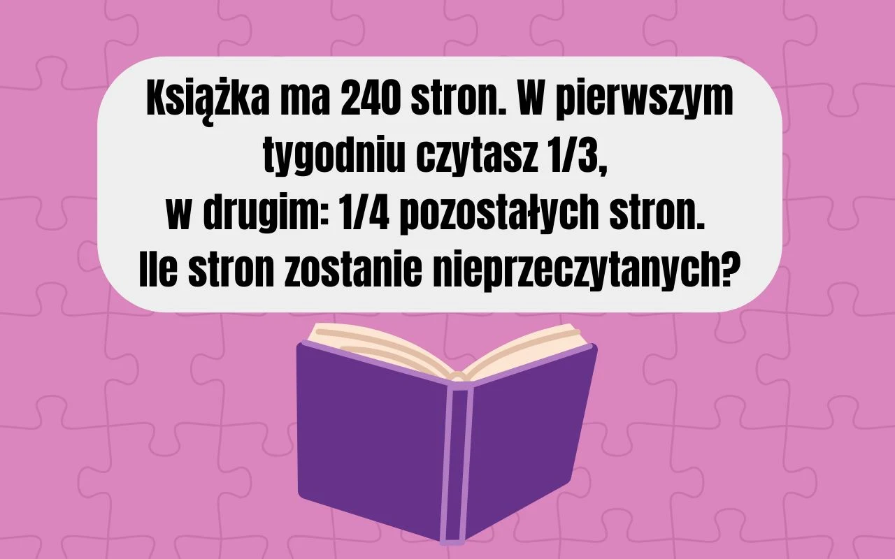 Ilustracja kolorowej książki na jasnoróżowym tle z tekstem matematycznym dotyczącym obliczania liczby nieprzeczytanych stron po dwóch tygodniach czytania według podanych proporcji.