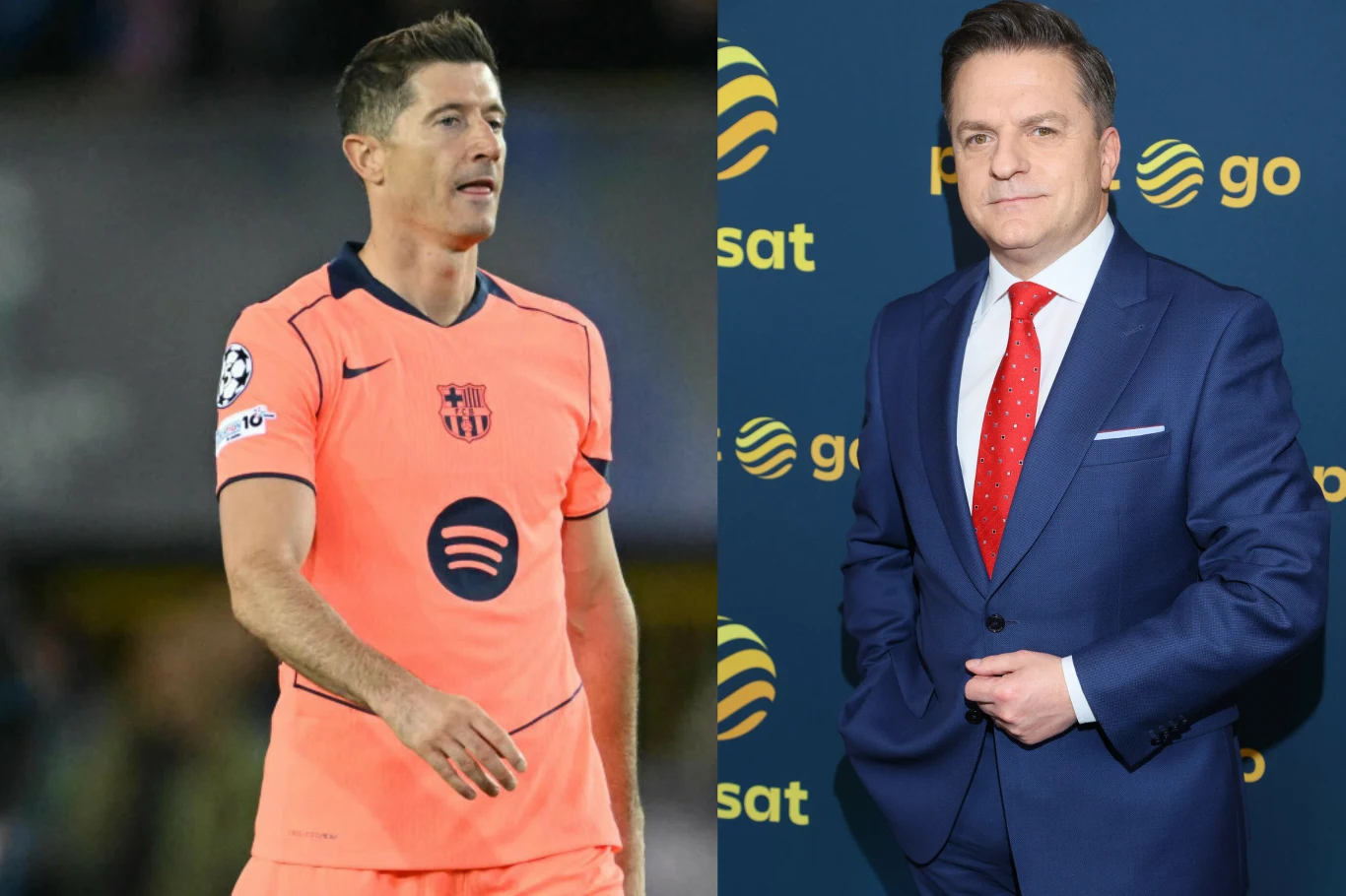 Robert Lewandowski i Bogdan Rymanowski Po lewej stronie mężczyzna w sportowym stroju piłkarskim klubu FC Barcelona, po prawej stronie mężczyzna w garniturze i czerwonym krawacie na tle ścianki z logotypami. Oba ujęcia pokazują różne aspekty życia zawodowego – sport i media.