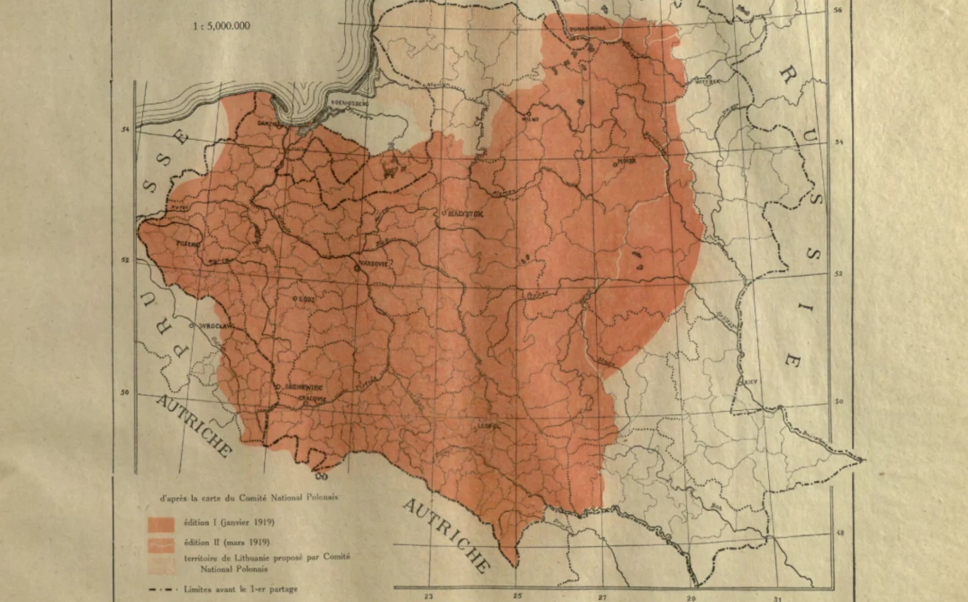 Kształt odrodzonej Polski zaproponowany przez polską delegację na konferencji w Paryżu, opublikowany w Polskim atlasie kongresowym z 1921. Stara mapa Europy Środkowo-Wschodniej z zaznaczonymi granicami i obszarami w różnych odcieniach czerwieni, obejmująca Polskę oraz sąsiadujące państwa, z licznymi oznaczeniami miast, rzek oraz linii kolejowych.