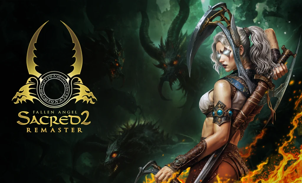 Sacred 2 Remaster Kobieta wojowniczka z mieczem i zbroją w dynamicznej pozie, otoczona płomieniami oraz mrocznymi, demonicznymi istotami na tle ciemnego, fantastycznego lasu. Po lewej stronie widoczne logo i tytuł gry Sacred 2 Remaster.
